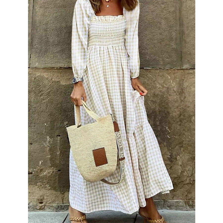 Smocked Square Neck Long Sleeve Dress