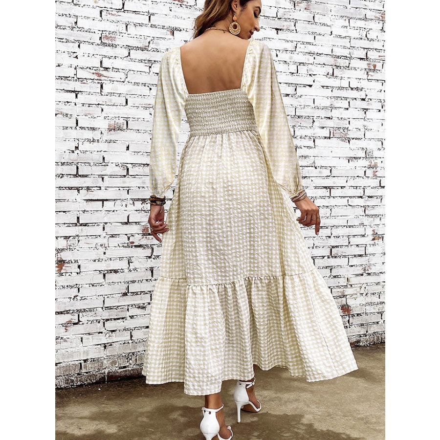 Smocked Square Neck Long Sleeve Dress