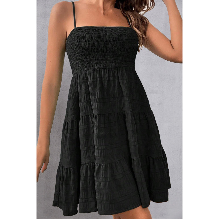 Smocked Square Neck Mini Cami Dress Black / S Apparel and Accessories