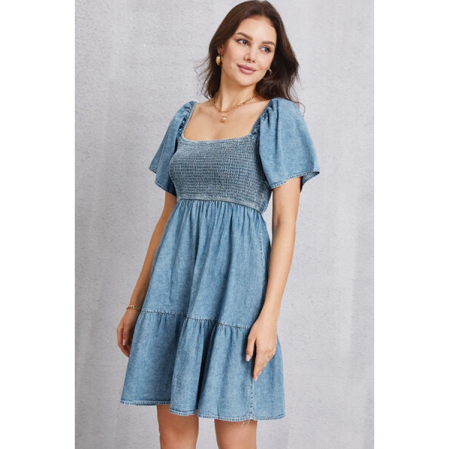 Smocked Square Neck Mini Denim Dress Apparel and Accessories