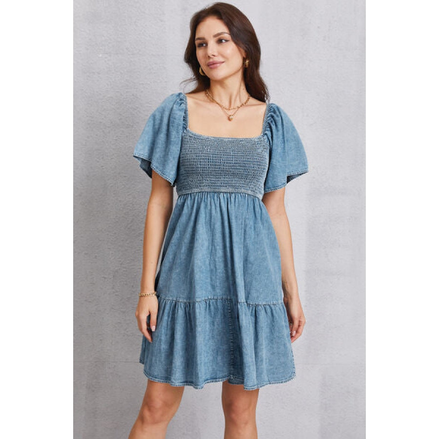 Smocked Square Neck Mini Denim Dress Apparel and Accessories