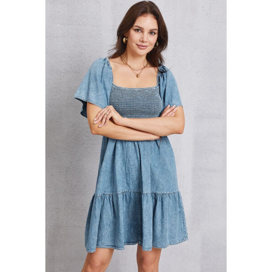 Smocked Square Neck Mini Denim Dress Apparel and Accessories