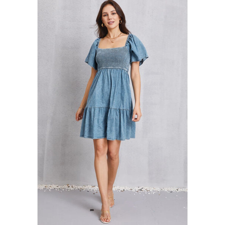 Smocked Square Neck Mini Denim Dress Apparel and Accessories