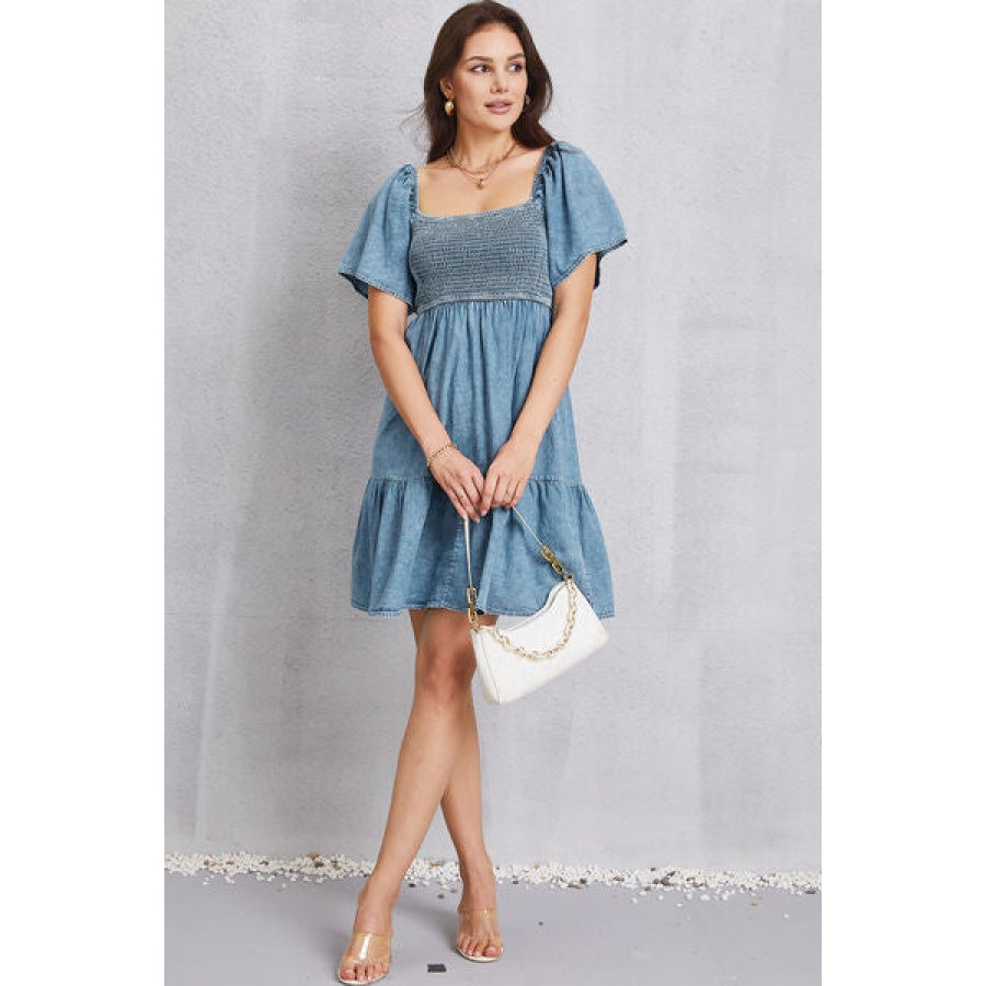 Smocked Square Neck Mini Denim Dress Apparel and Accessories