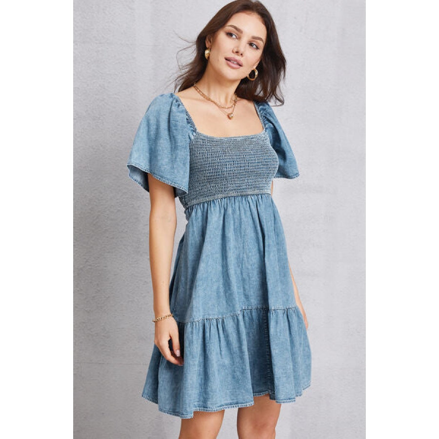 Smocked Square Neck Mini Denim Dress Apparel and Accessories