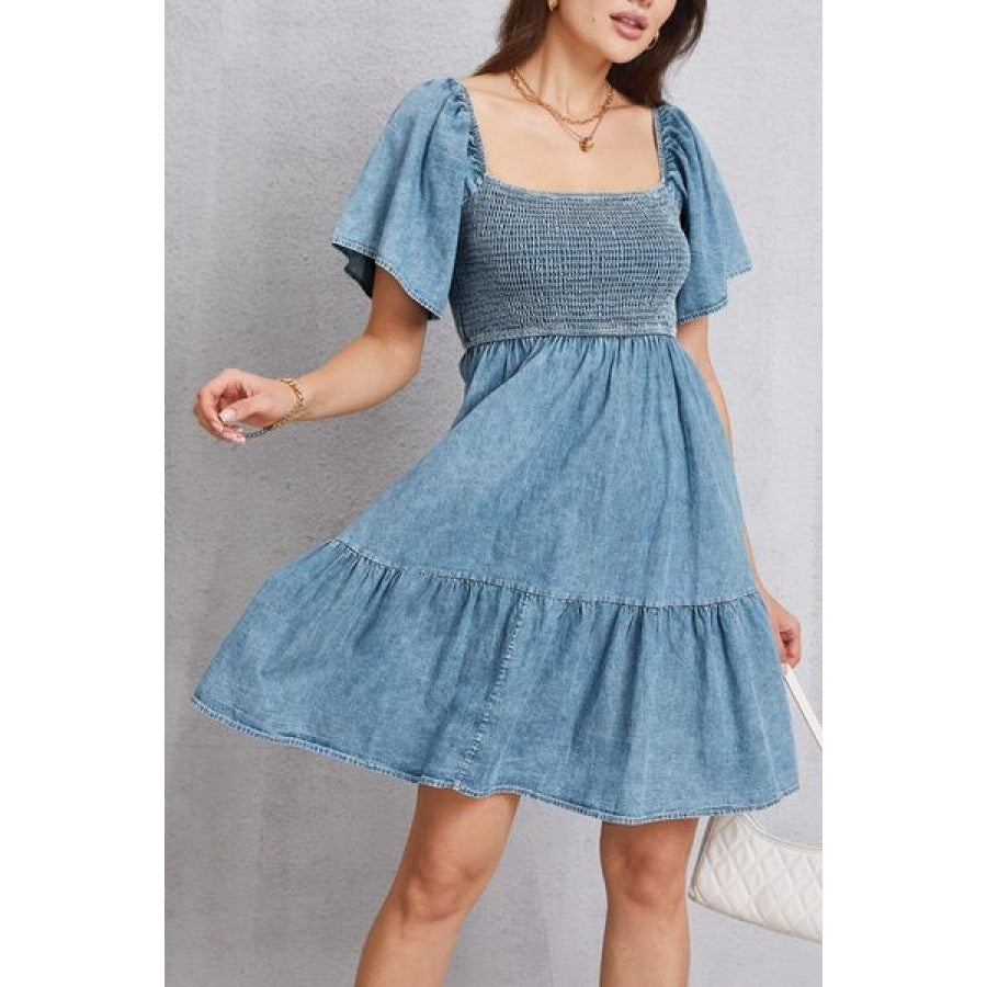 Smocked Square Neck Mini Denim Dress Apparel and Accessories