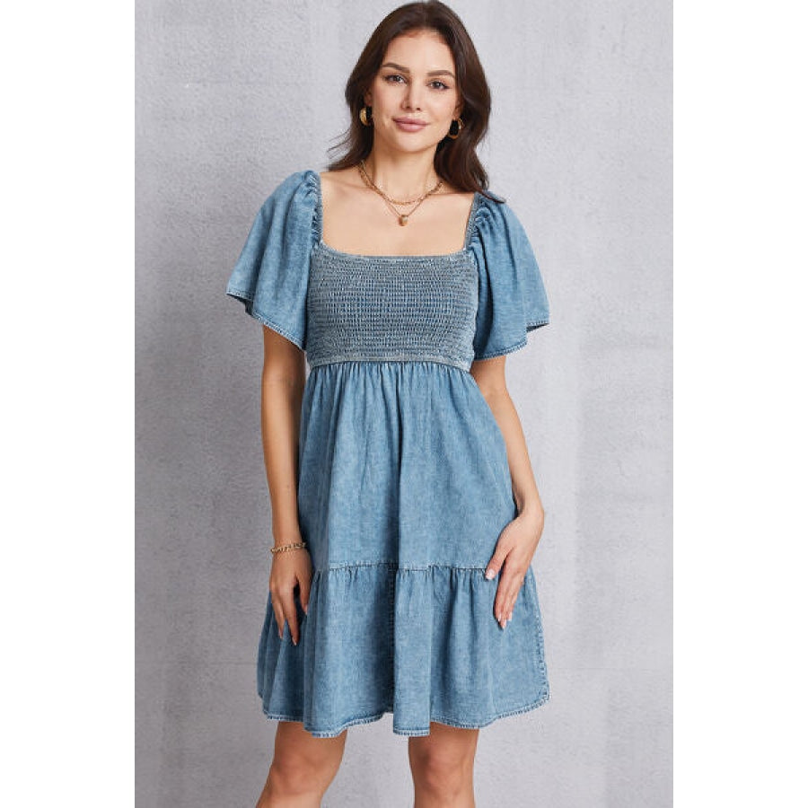 Smocked Square Neck Mini Denim Dress Apparel and Accessories