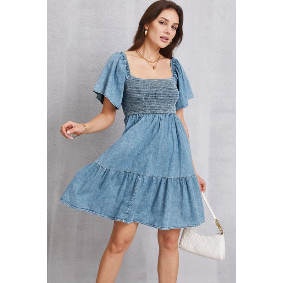 Smocked Square Neck Mini Denim Dress Light / S Apparel and Accessories