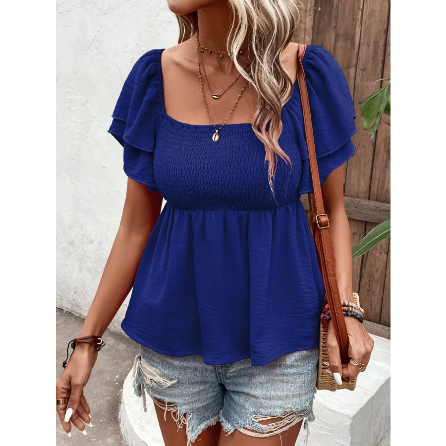 Smocked Square Neck Ruffle Sleeve Blouse Apparel and Accessories