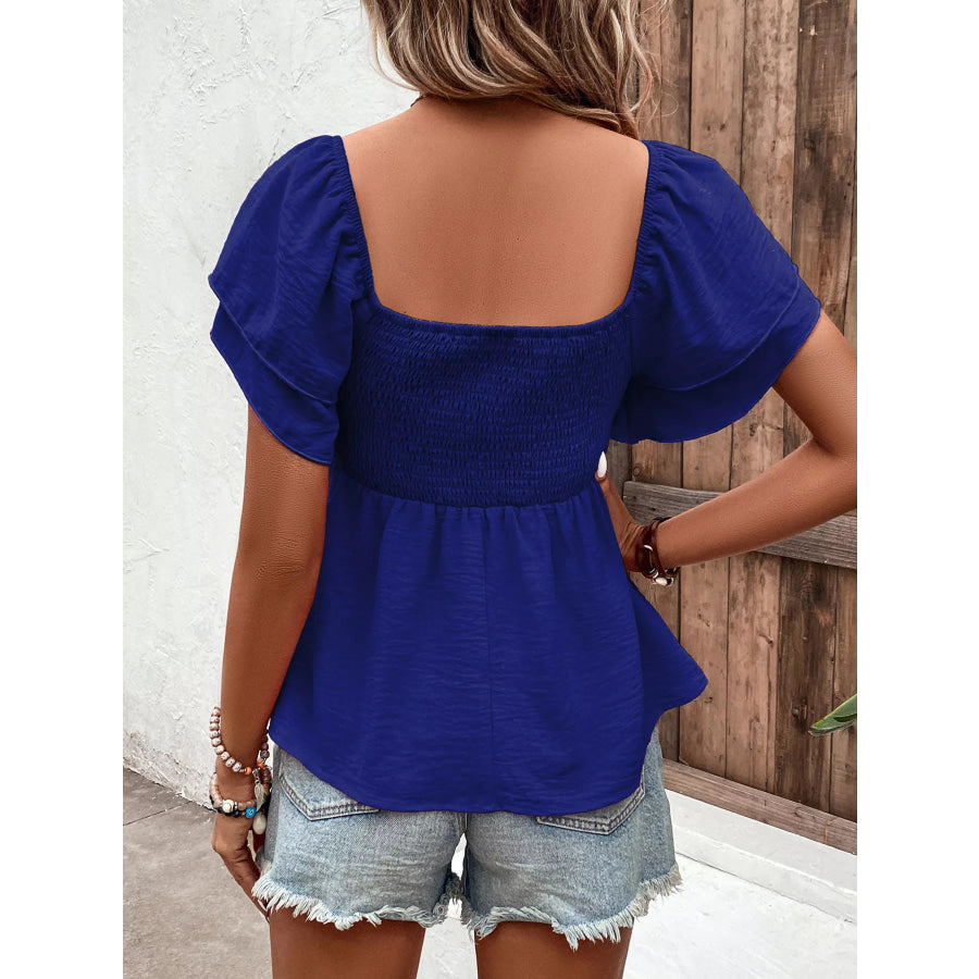 Smocked Square Neck Ruffle Sleeve Blouse Apparel and Accessories