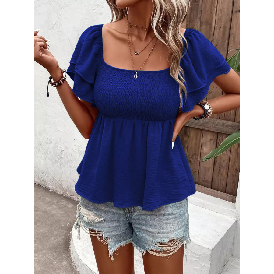 Smocked Square Neck Ruffle Sleeve Blouse Apparel and Accessories