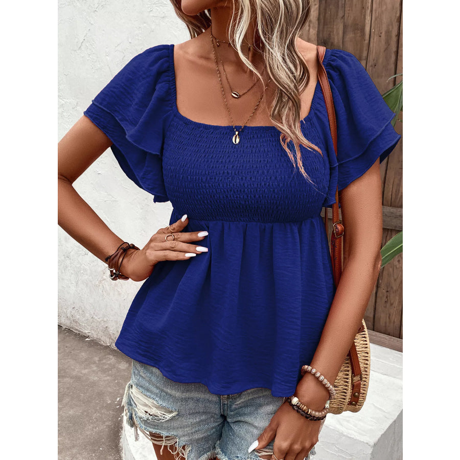 Smocked Square Neck Ruffle Sleeve Blouse Apparel and Accessories