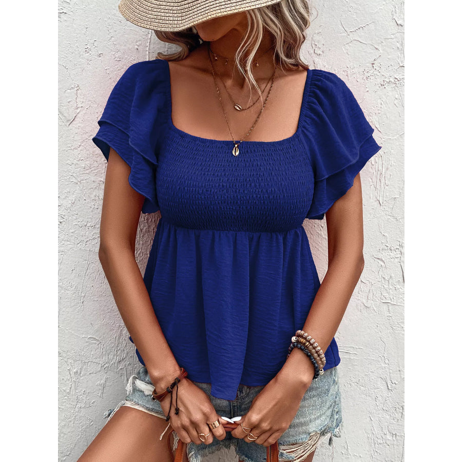 Smocked Square Neck Ruffle Sleeve Blouse Royal Blue / S Apparel and Accessories