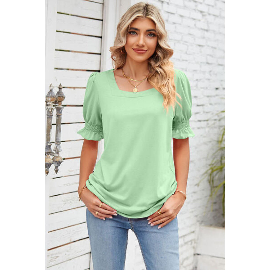 Smocked Square Neck Short Sleeve T - Shirt Apparel and Accessories