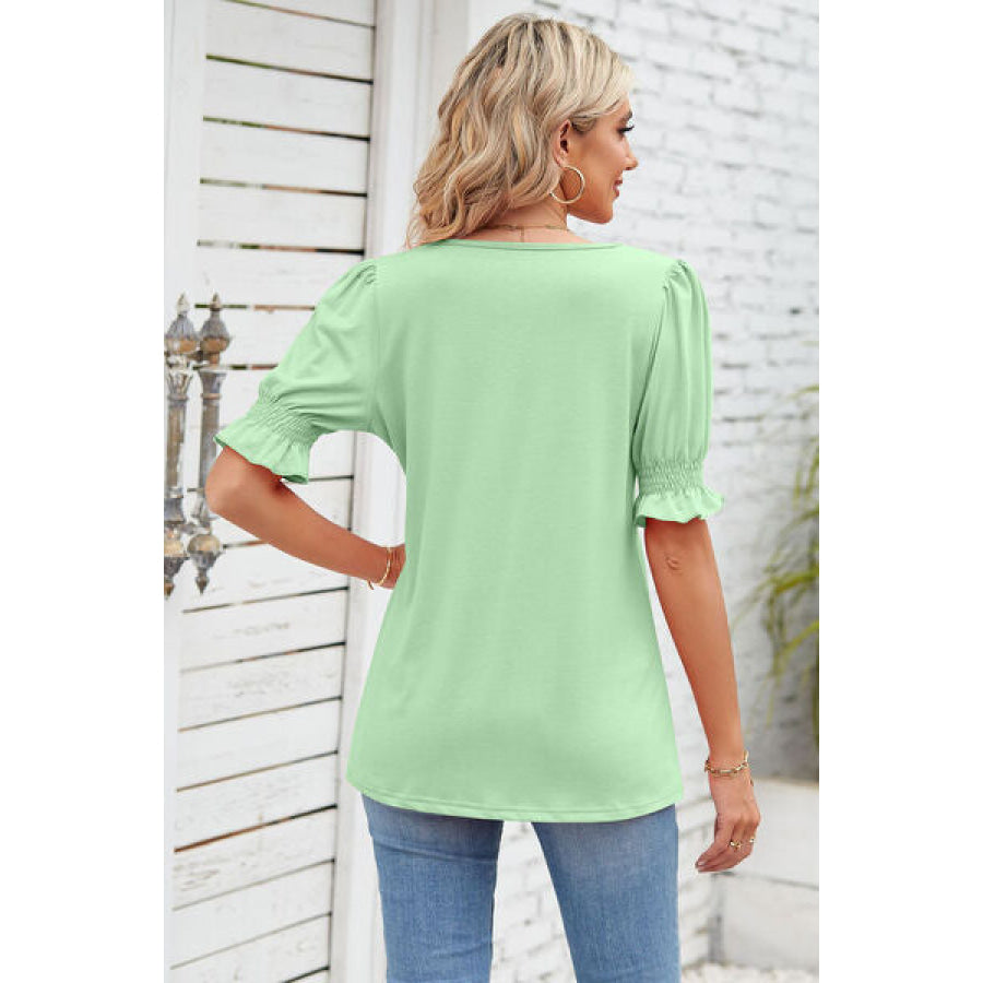 Smocked Square Neck Short Sleeve T - Shirt Apparel and Accessories