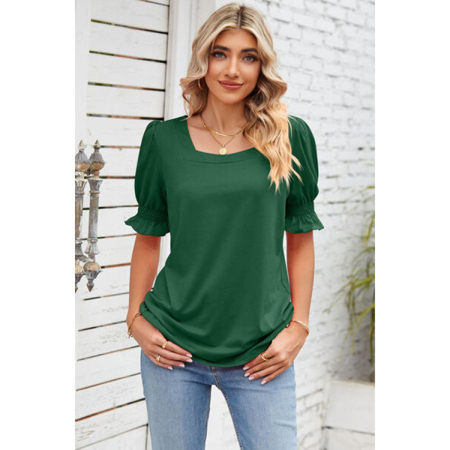 Smocked Square Neck Short Sleeve T - Shirt Apparel and Accessories