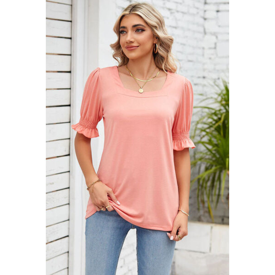 Smocked Square Neck Short Sleeve T - Shirt Apparel and Accessories