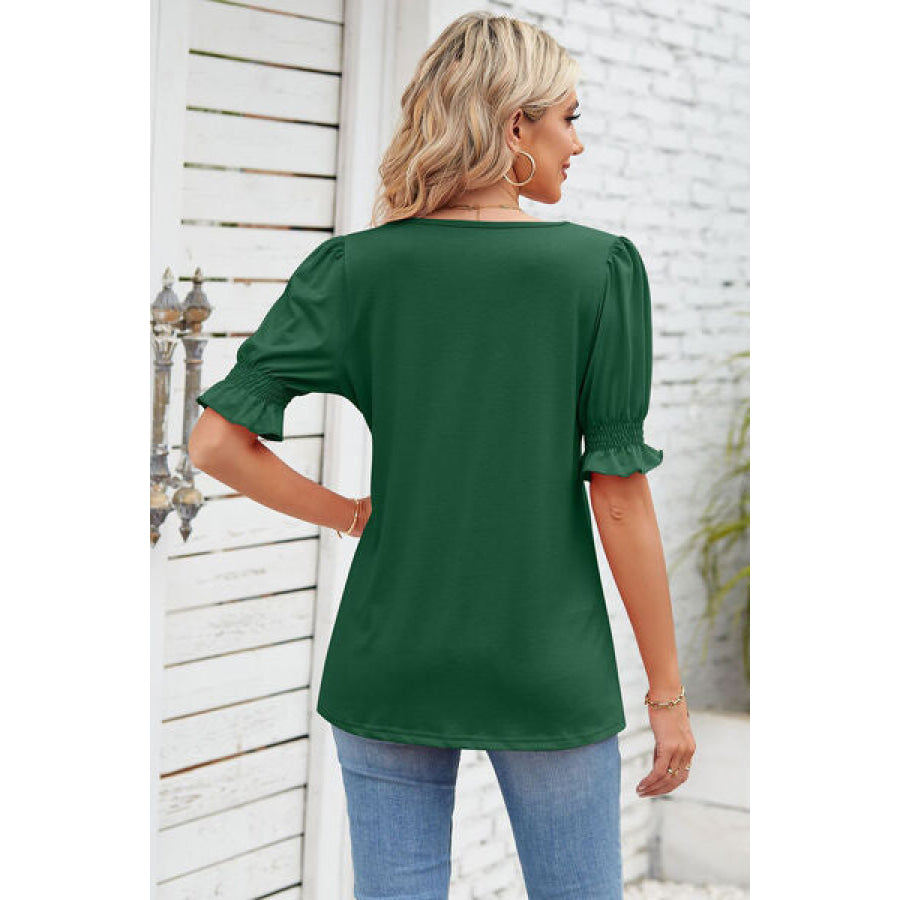 Smocked Square Neck Short Sleeve T - Shirt Apparel and Accessories