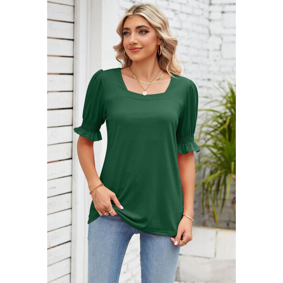 Smocked Square Neck Short Sleeve T - Shirt Apparel and Accessories