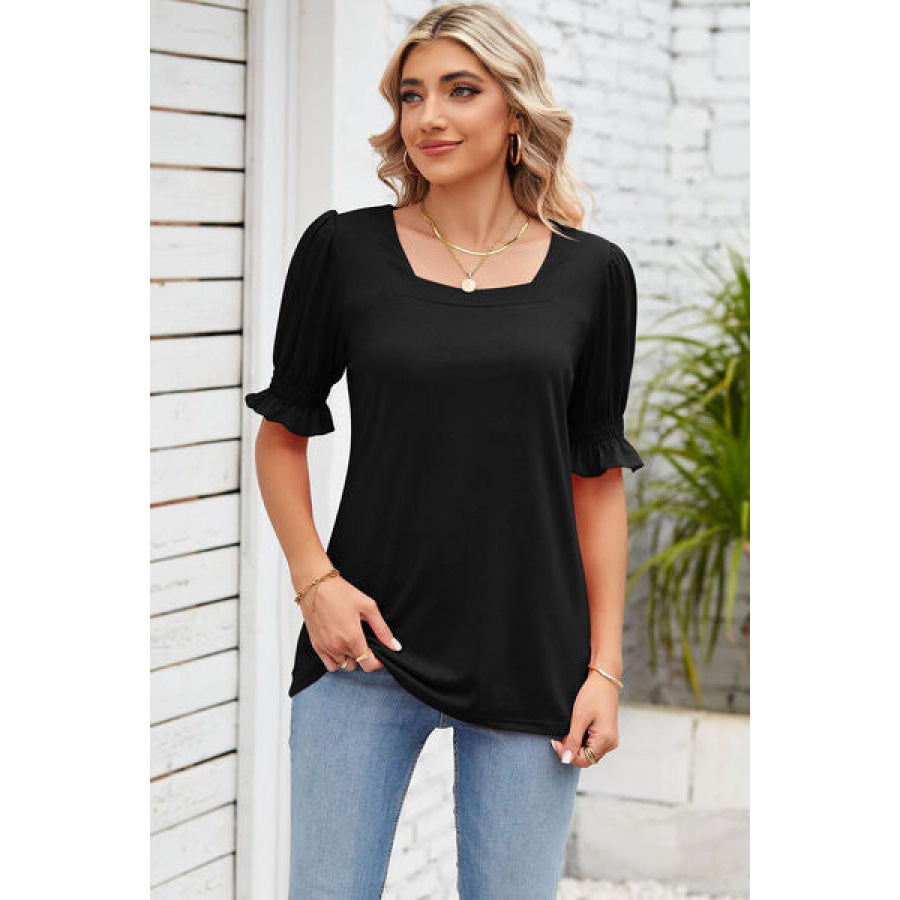 Smocked Square Neck Short Sleeve T - Shirt Apparel and Accessories