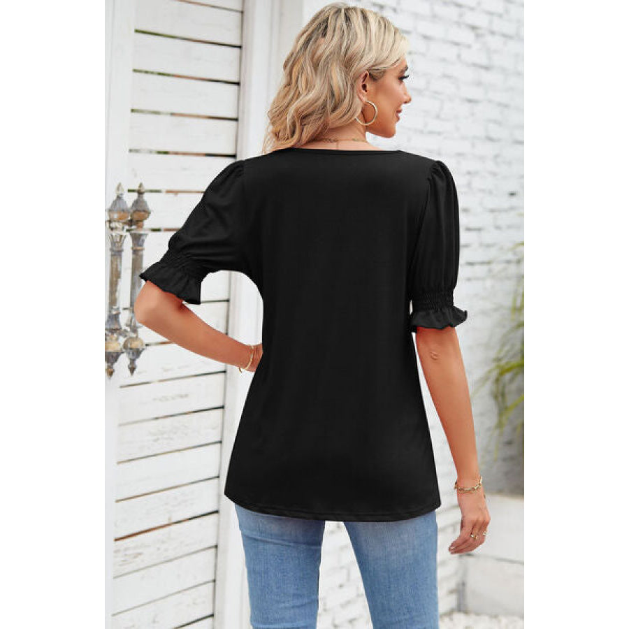 Smocked Square Neck Short Sleeve T - Shirt Apparel and Accessories