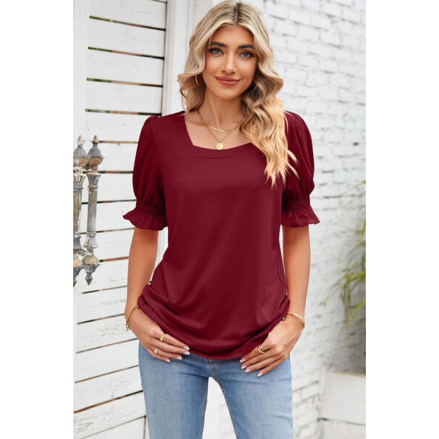 Smocked Square Neck Short Sleeve T - Shirt Apparel and Accessories