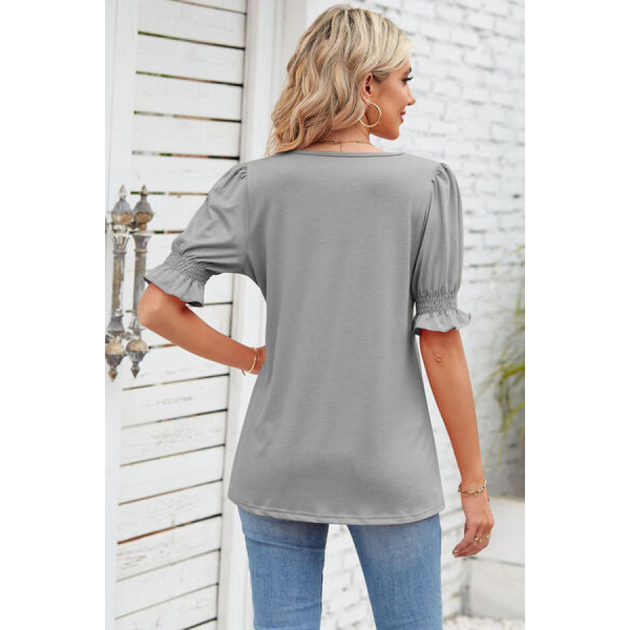 Smocked Square Neck Short Sleeve T - Shirt Apparel and Accessories