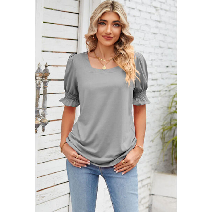 Smocked Square Neck Short Sleeve T - Shirt Apparel and Accessories