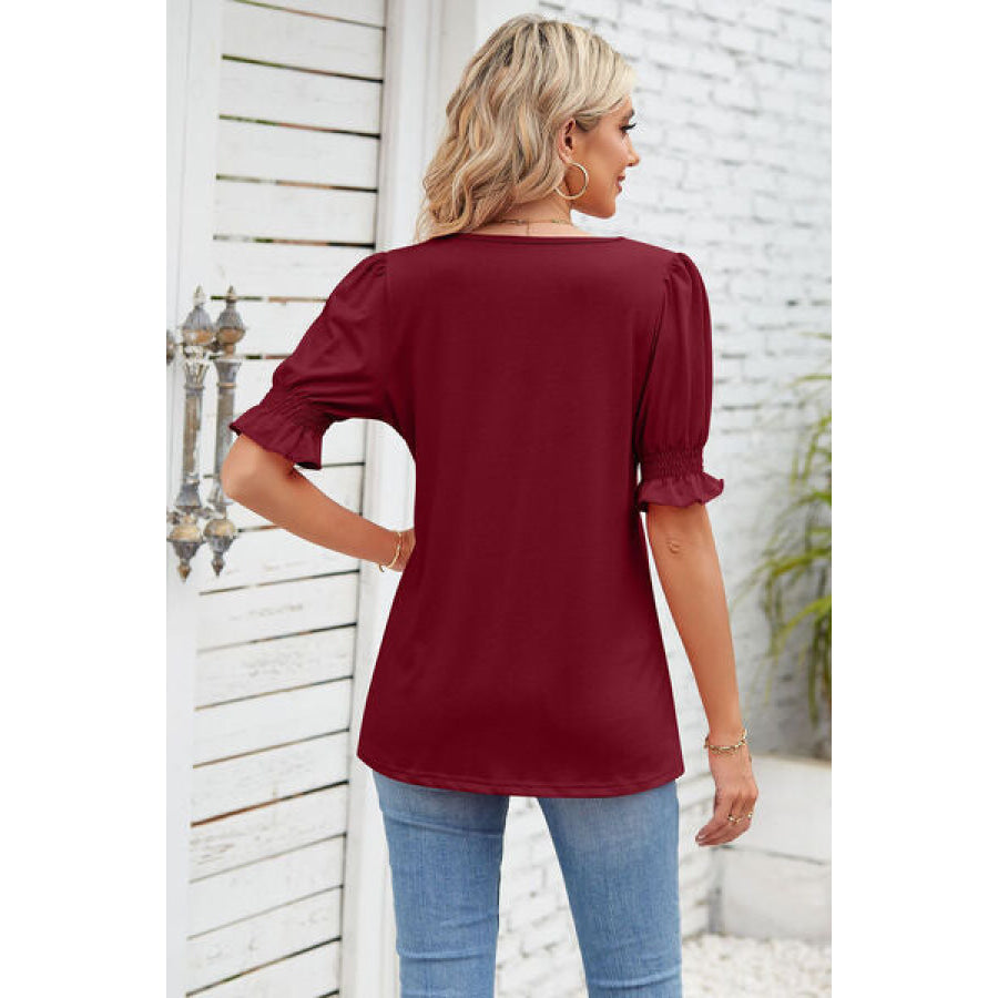 Smocked Square Neck Short Sleeve T - Shirt Apparel and Accessories