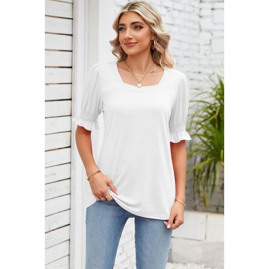 Smocked Square Neck Short Sleeve T - Shirt Apparel and Accessories