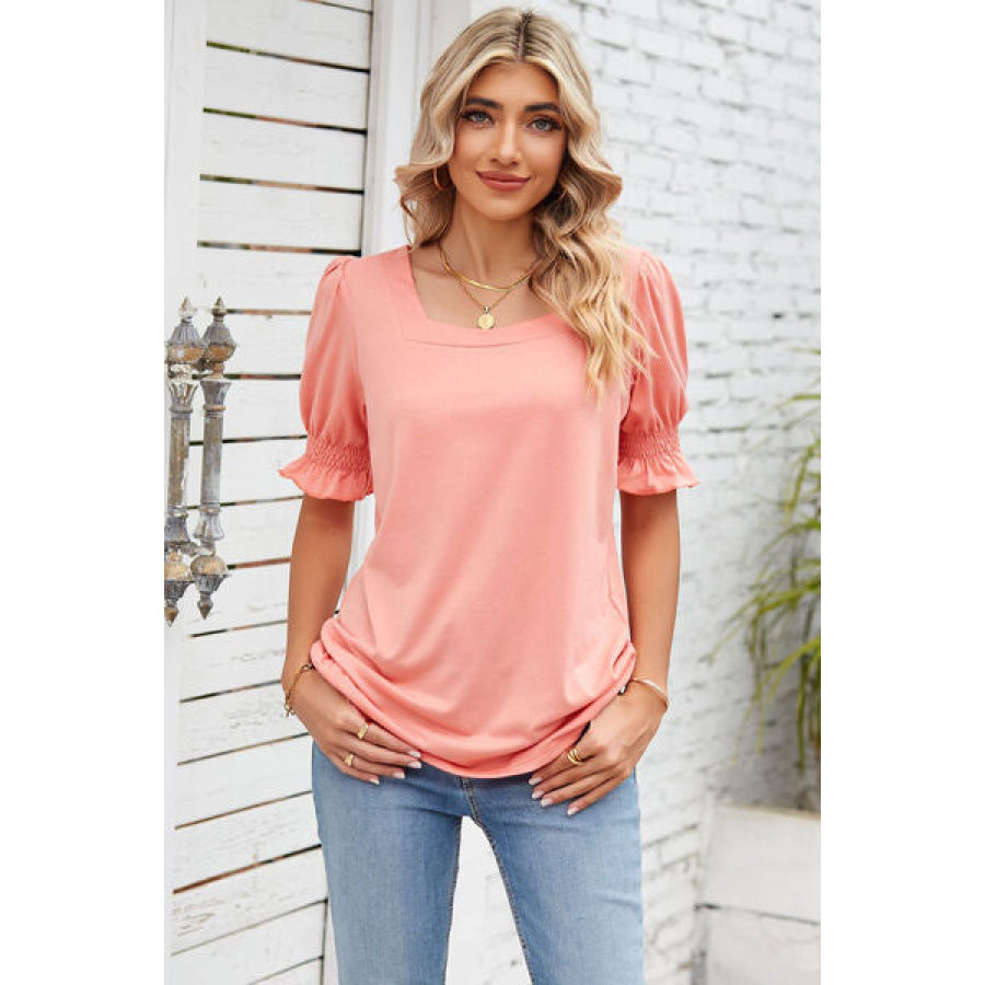 Smocked Square Neck Short Sleeve T - Shirt Apparel and Accessories