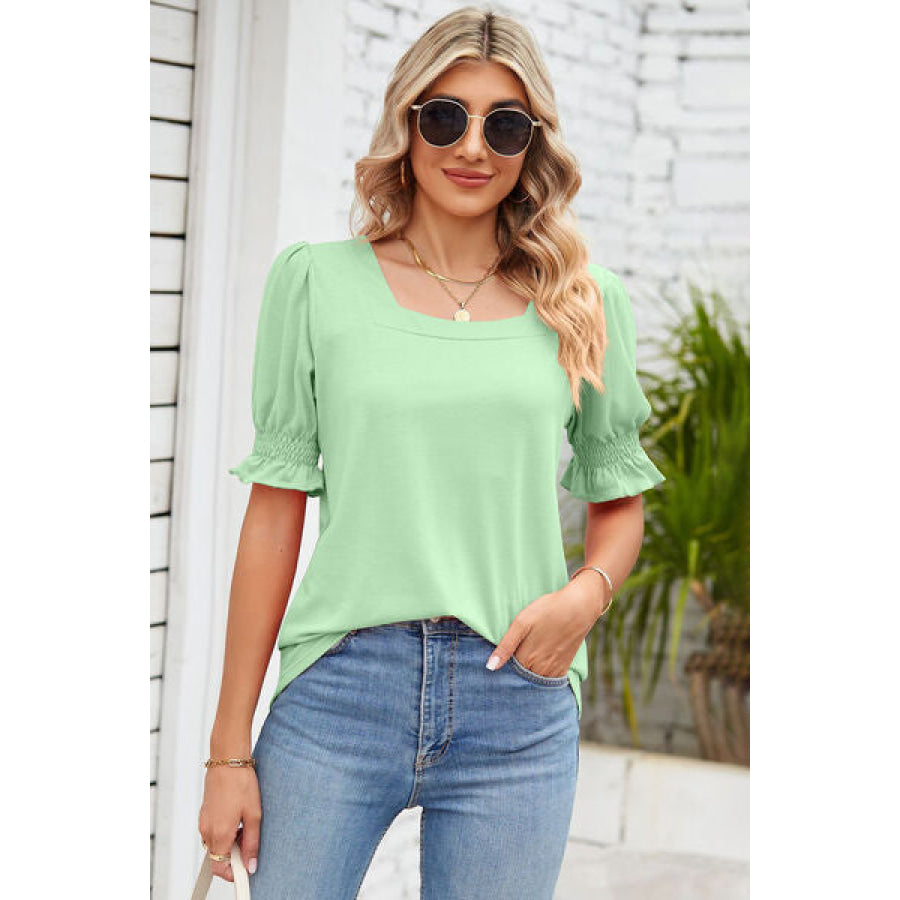 Smocked Square Neck Short Sleeve T - Shirt Apparel and Accessories