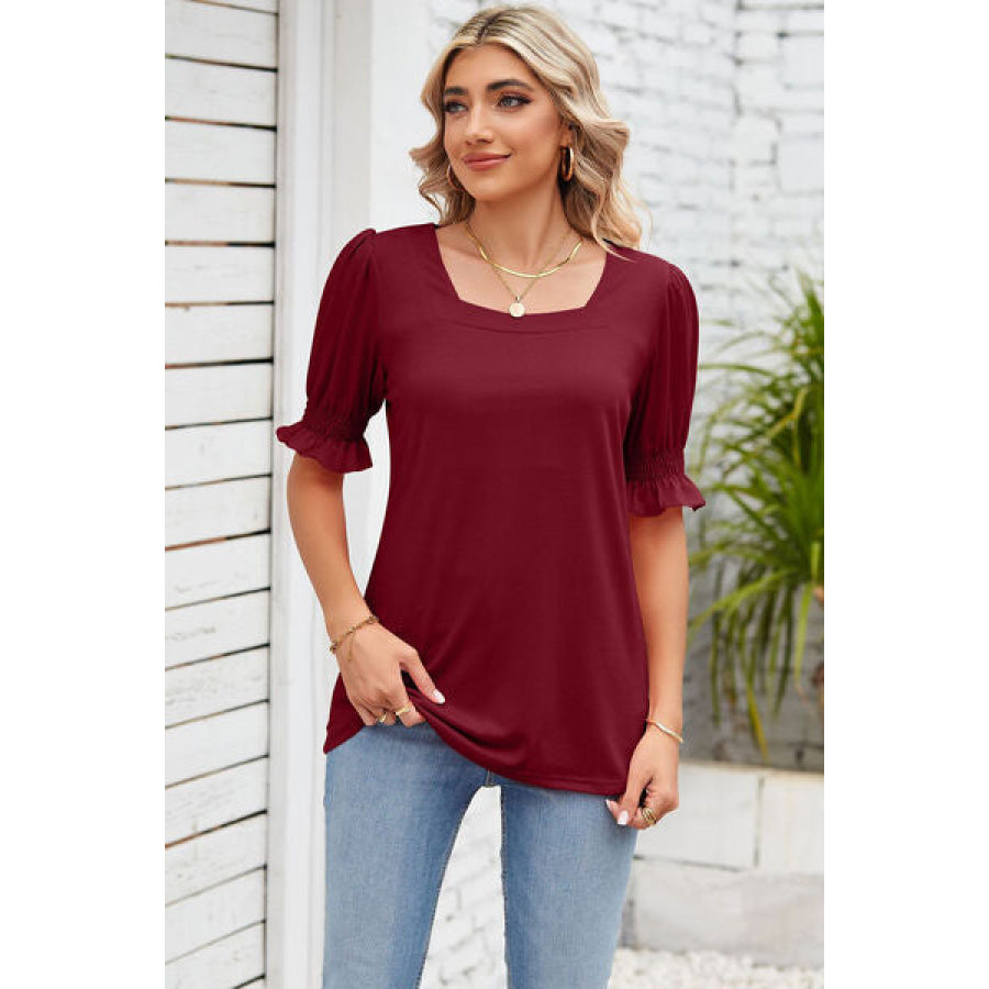 Smocked Square Neck Short Sleeve T - Shirt Apparel and Accessories