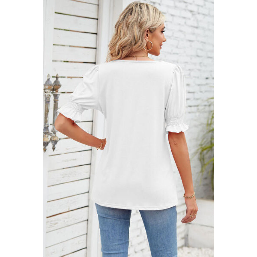 Smocked Square Neck Short Sleeve T - Shirt Apparel and Accessories