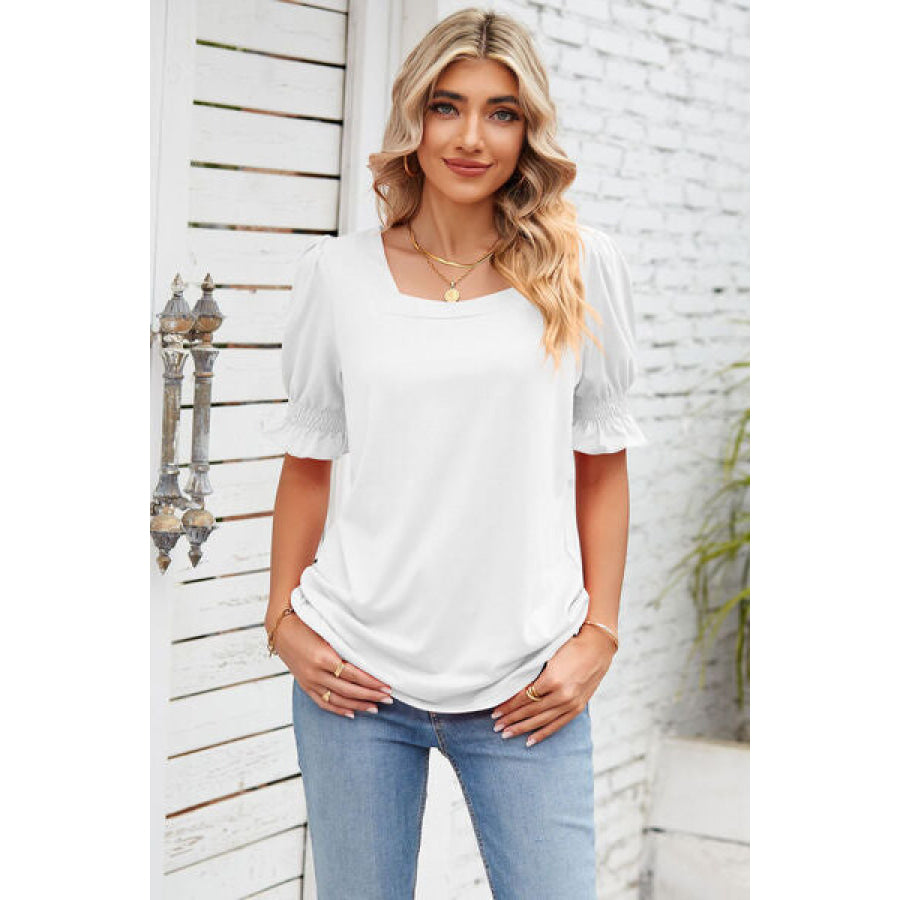 Smocked Square Neck Short Sleeve T - Shirt Apparel and Accessories