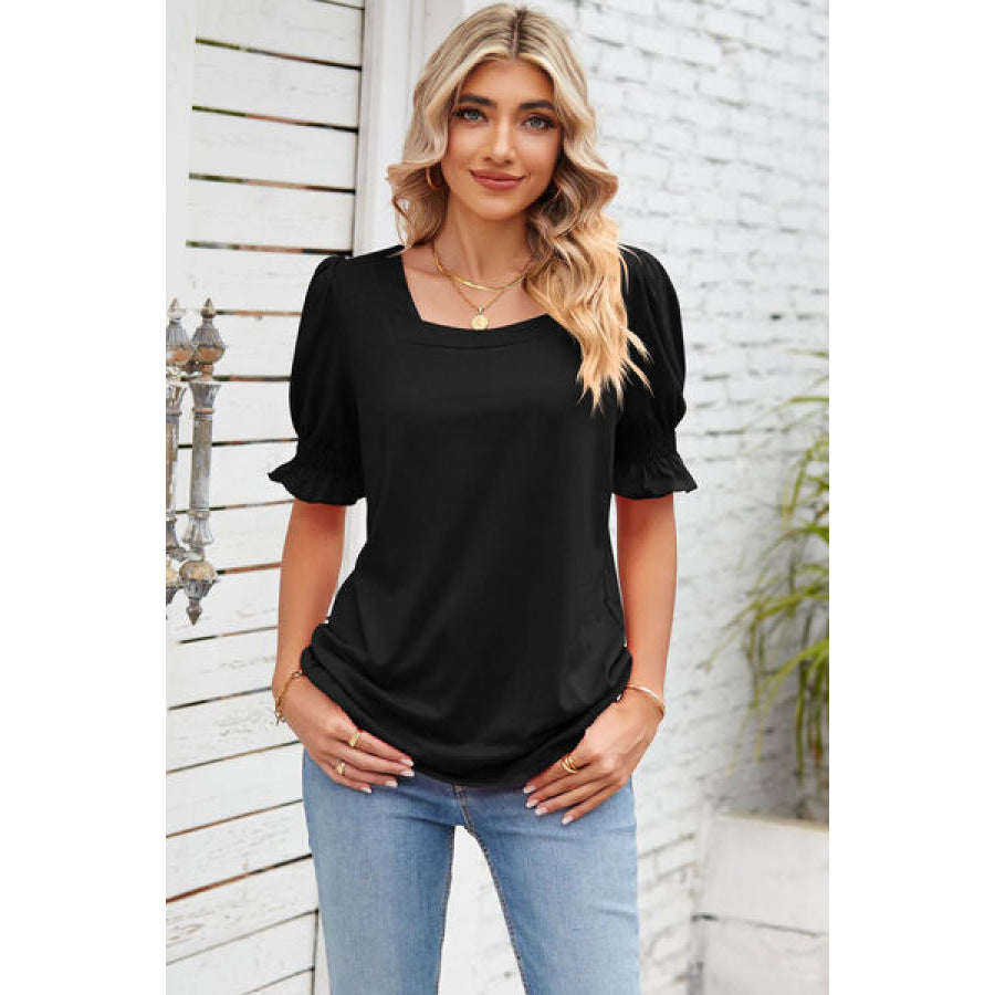 Smocked Square Neck Short Sleeve T - Shirt Apparel and Accessories