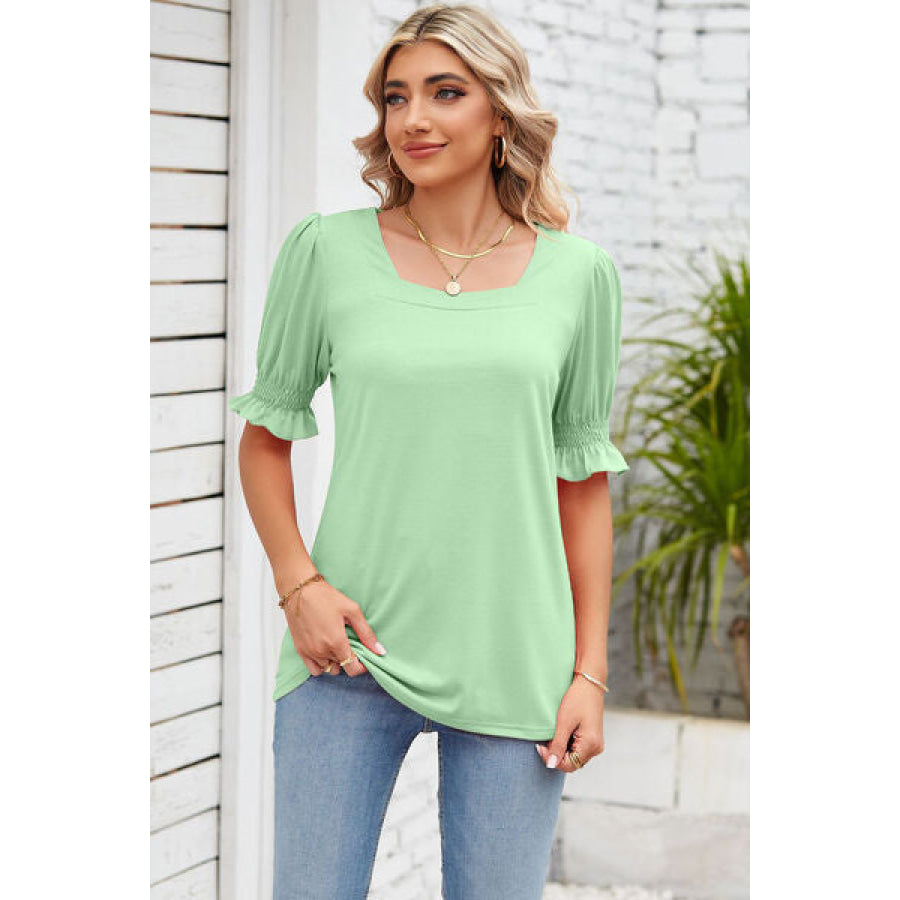 Smocked Square Neck Short Sleeve T - Shirt Light Green / S Apparel and Accessories