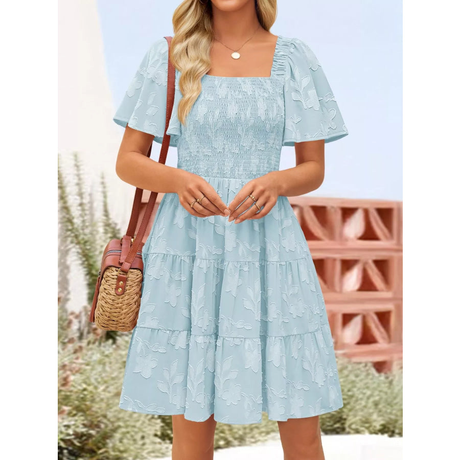 Smocked Square Neck Tiered Mini Dress Apparel and Accessories
