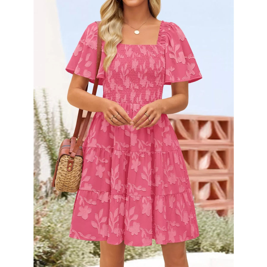 Smocked Square Neck Tiered Mini Dress Apparel and Accessories