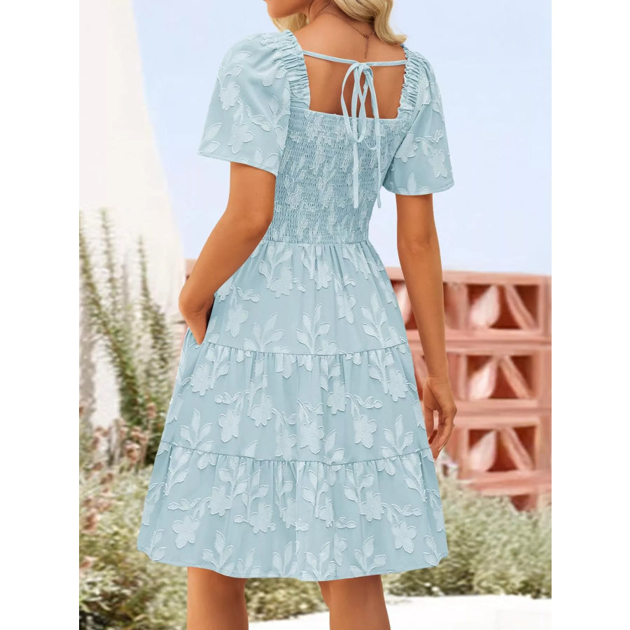 Smocked Square Neck Tiered Mini Dress Apparel and Accessories