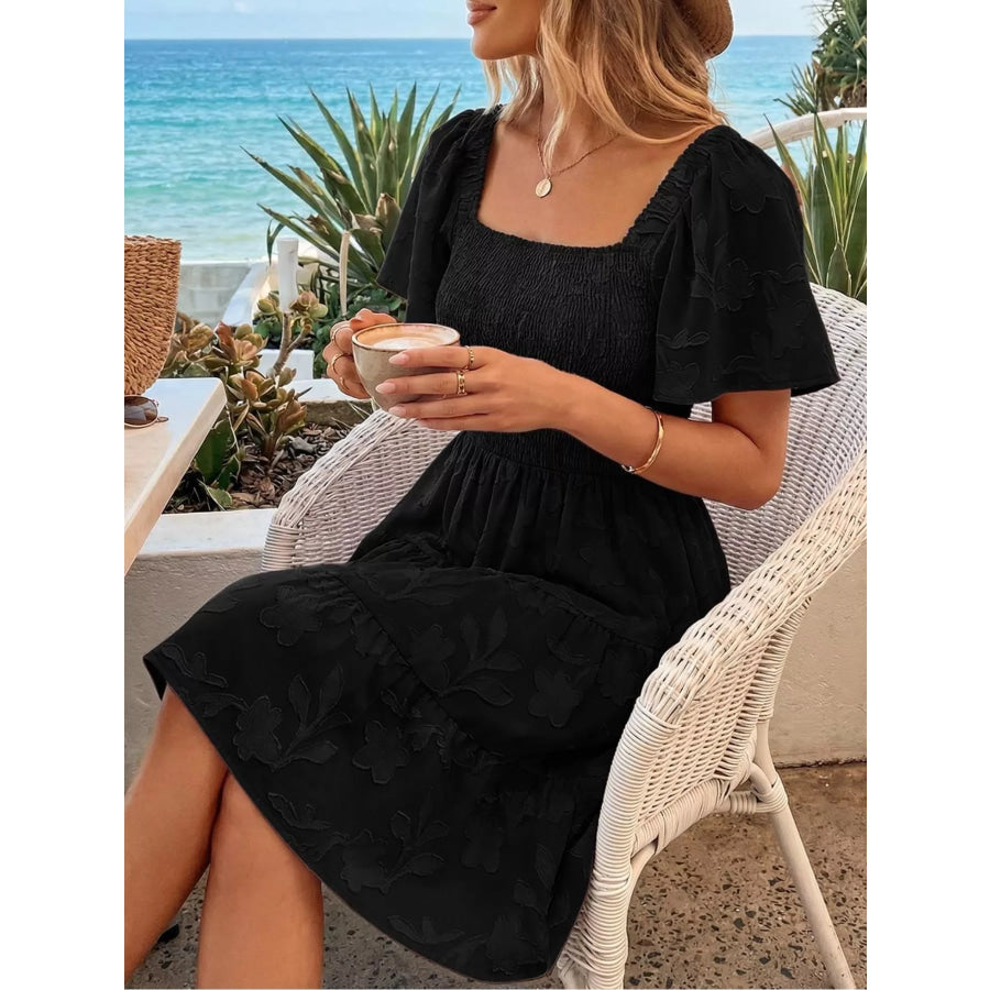 Smocked Square Neck Tiered Mini Dress Apparel and Accessories