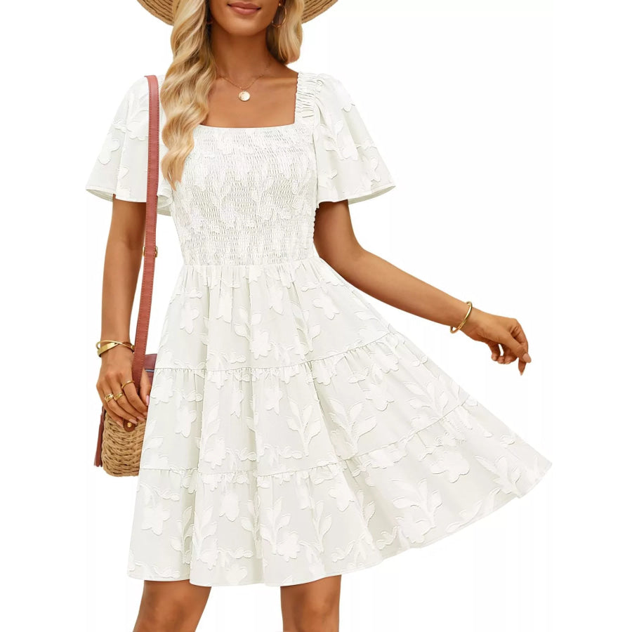 Smocked Square Neck Tiered Mini Dress Apparel and Accessories