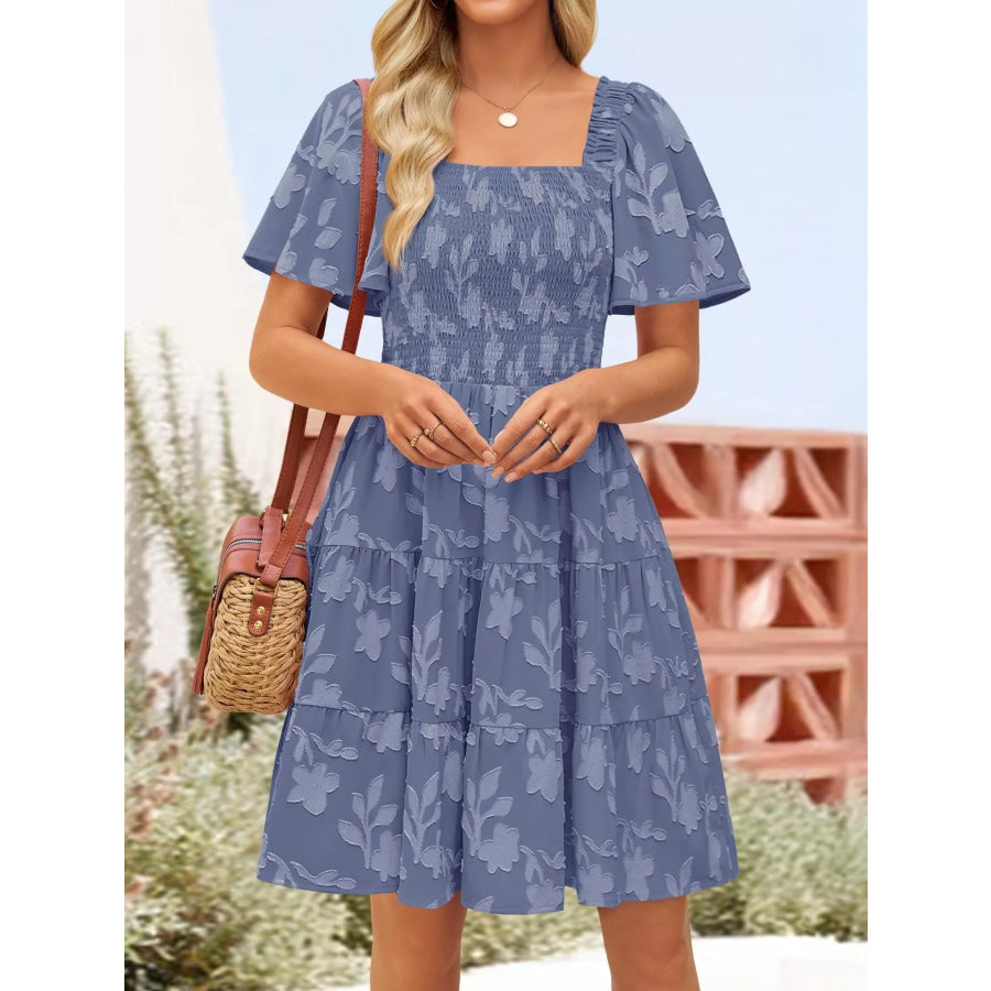 Smocked Square Neck Tiered Mini Dress Apparel and Accessories