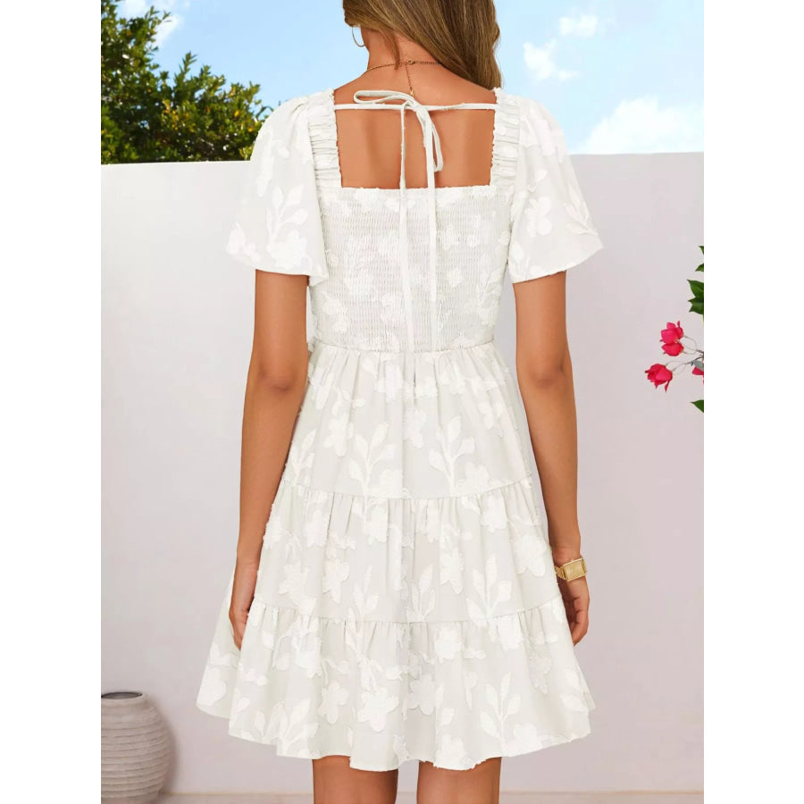 Smocked Square Neck Tiered Mini Dress Apparel and Accessories