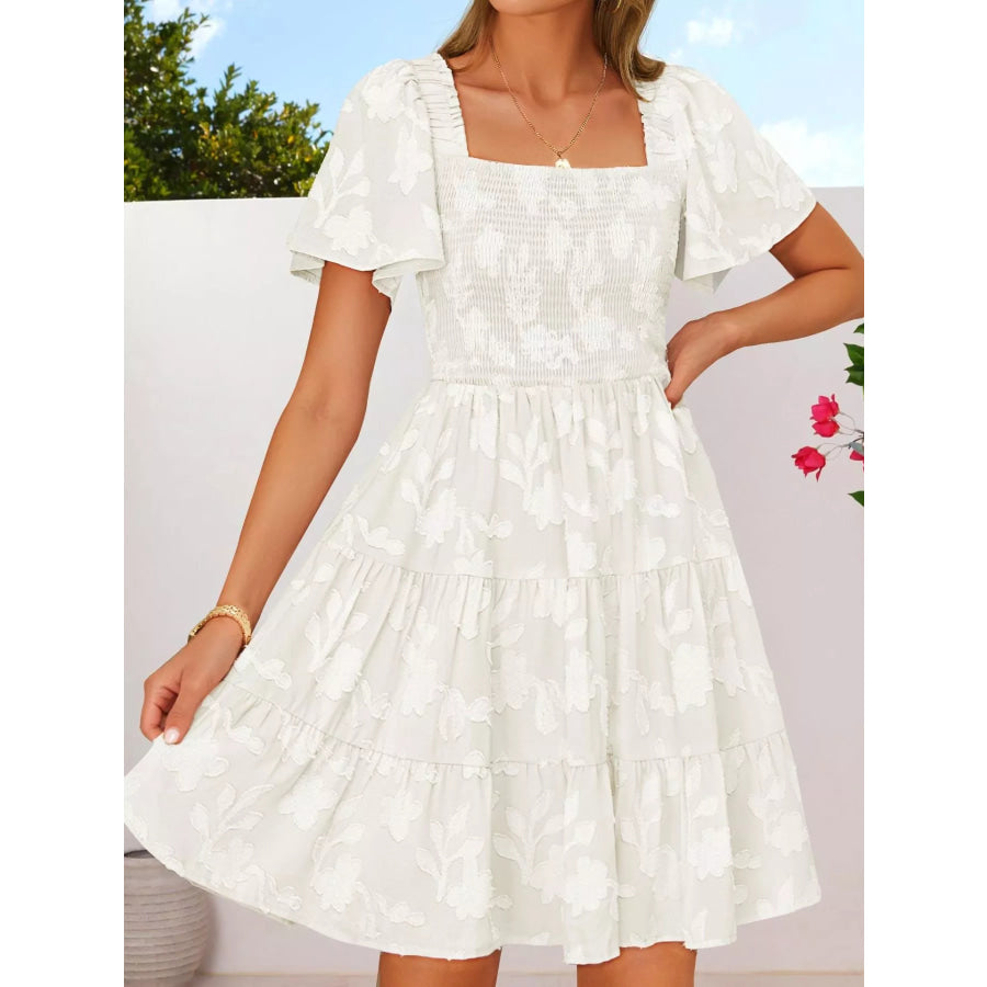 Smocked Square Neck Tiered Mini Dress Apparel and Accessories