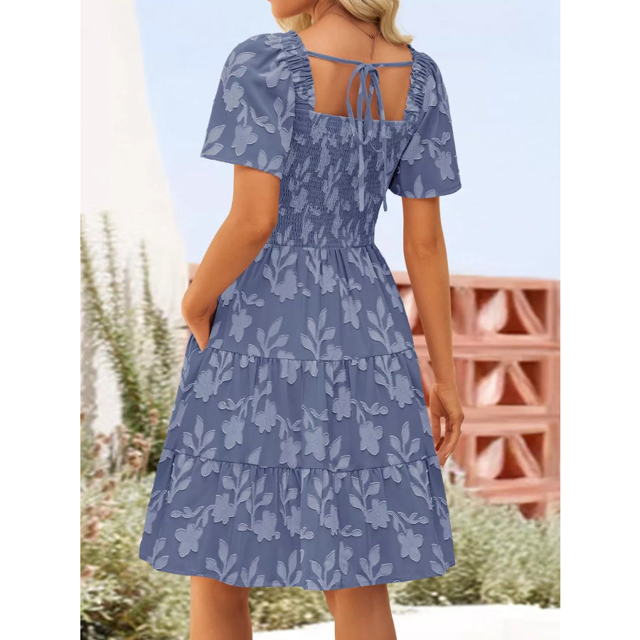 Smocked Square Neck Tiered Mini Dress Apparel and Accessories