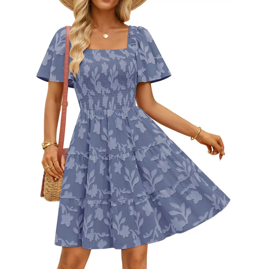 Smocked Square Neck Tiered Mini Dress Apparel and Accessories