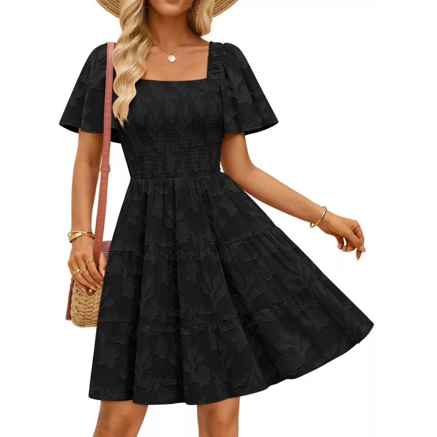 Smocked Square Neck Tiered Mini Dress Apparel and Accessories
