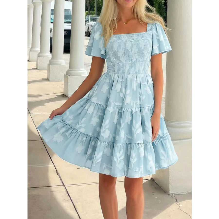 Smocked Square Neck Tiered Mini Dress Apparel and Accessories