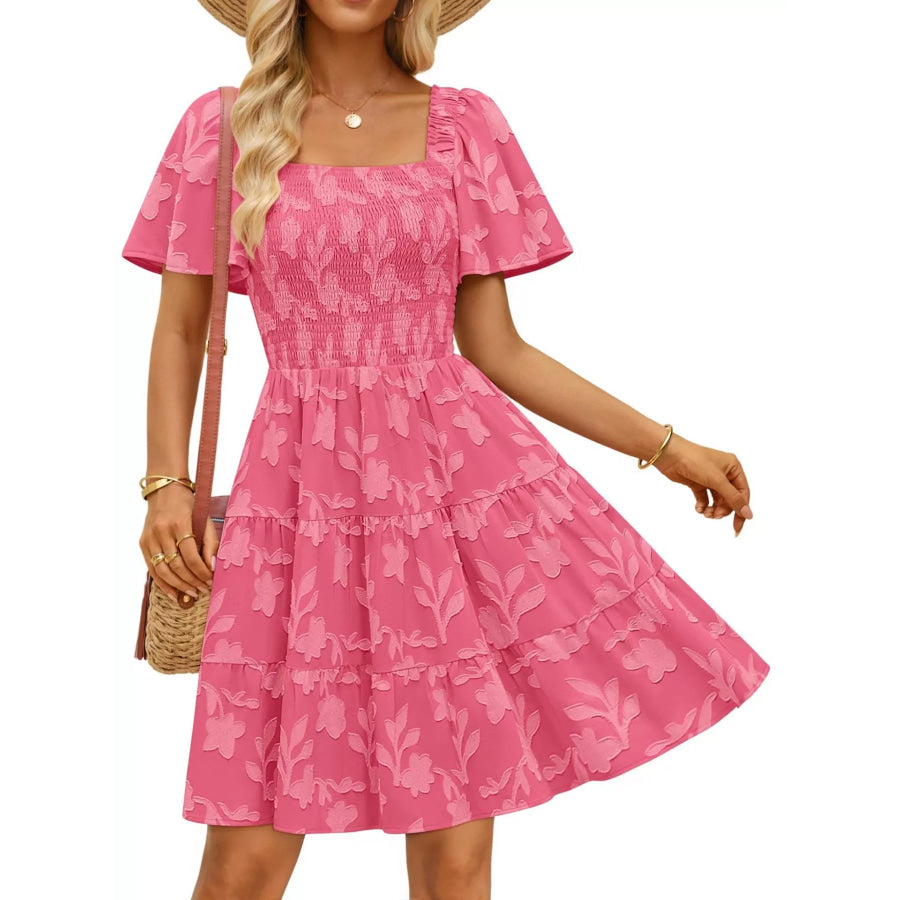 Smocked Square Neck Tiered Mini Dress Apparel and Accessories